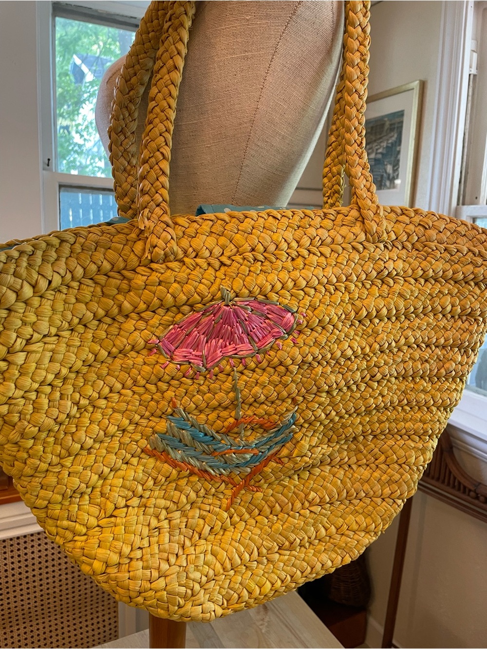 Vintage Yellow Woven Beach Bag Swim Straw Tote with Pink & Blue Embroidery